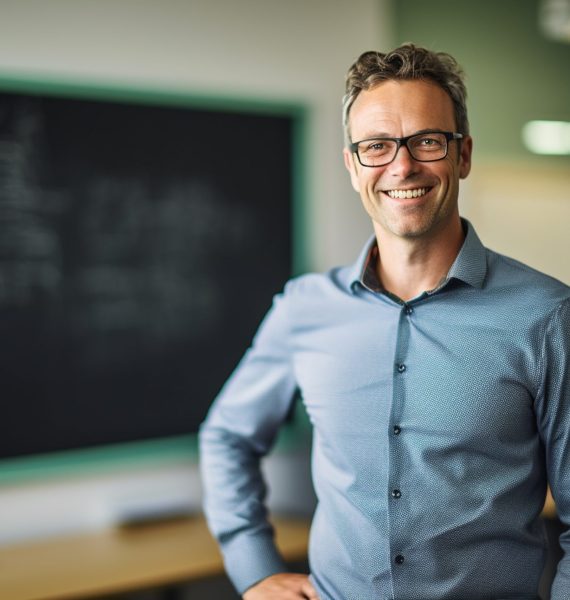 portrait of male teacher smiling in classroom bokeh style background